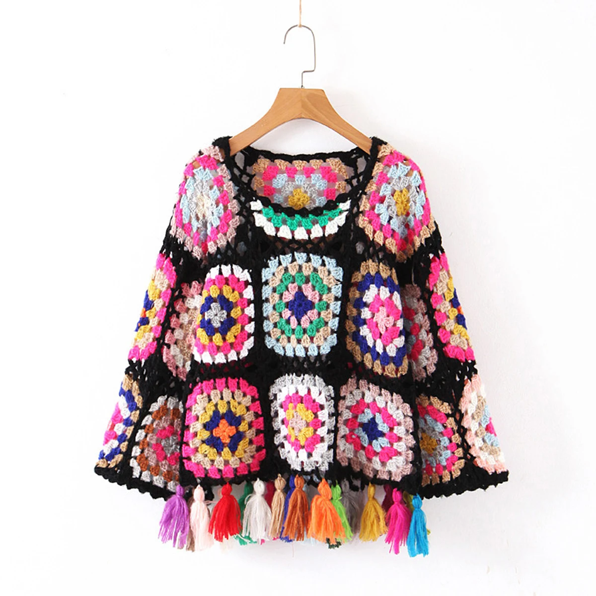 Jastie вязанный крючком многоцветный полый свитер хиппи шик Tassle Hem Boho женские свитера с круглым вырезом пуловеры Топ джемпер зимняя одежда