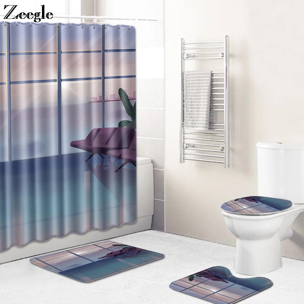 Zeegle Bathroom Mat Set Washable Bath Shower Curtain Toilet Seat Cover Anti-slip Bathroom Doormat Shower Mat Toilet Pedestal Rug