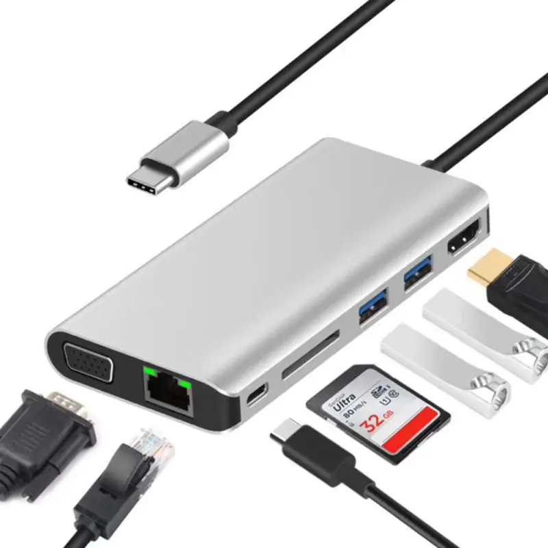 

Aluminum Alloy USB Hub 8-in-1 Docking Station USB C For Hdmi VGA Ethernet Adapter Type-c Multi-function Hub 4K HD