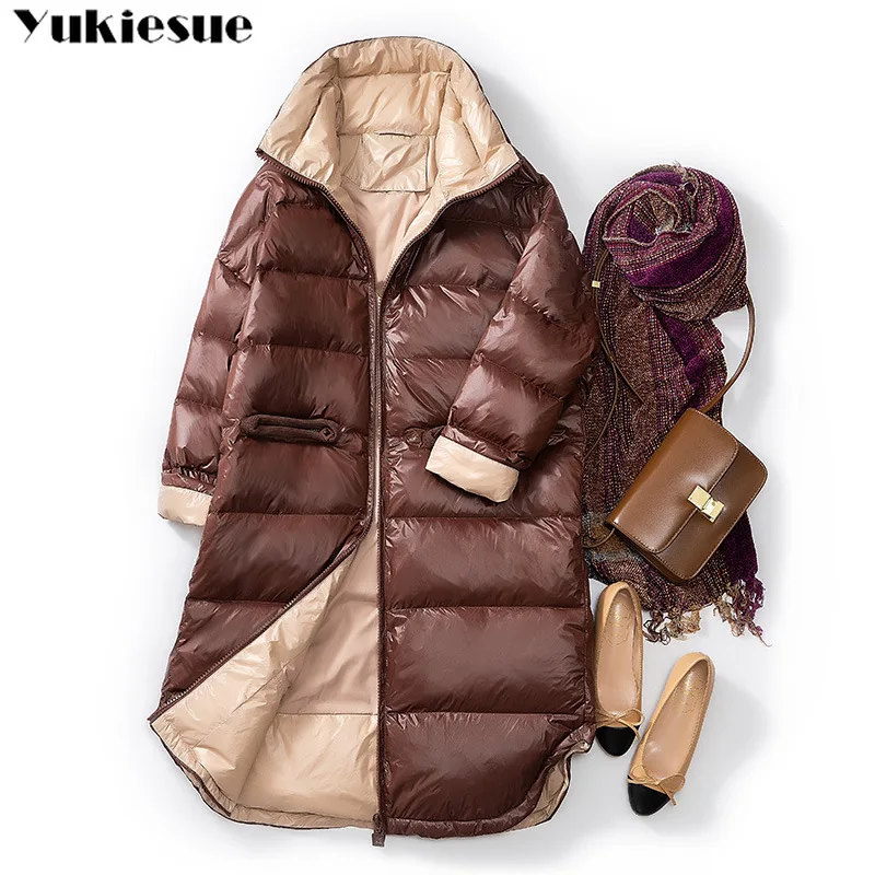 Новая зимняя Ультралегкая куртка на белом утином пуху женское тонкое длинное