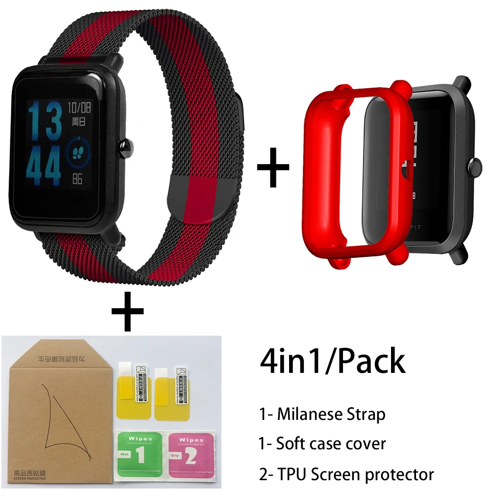 Black red-Red case 4in1 Smartwatch Accessories For Xiaomi Huami Amazfit Bip Strap Stainless Steel Bracelet Magnet With Plating Case Protector Film - Цвет: Black red-Red case
