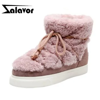 

ZALAVOR Winter Plush Fur Snow Boots Women Real Leather Lace Up Thicken Fur Warm Cotton Flats Shoes Women Ankle Boots Size 34-42
