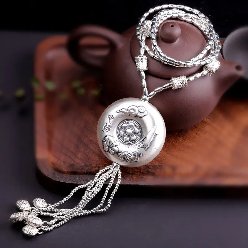 Round Heart Sutra Длинные ожерелья с кисточками в этническом стиле, тайское серебро, без угли, для женщин, подвеска в виде рыбы лотоса+ цепочка, сердце, сутра, шесть слов, мантра, ювелирное изделие C156 - Цвет камня: Round Heart Sutra