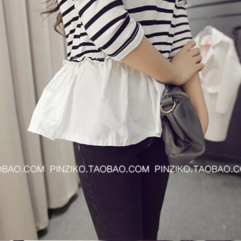 Черно-белая полосатая Лоскутная Туника с оборками корейский стиль Новая женская футболка с длинным рукавом осенние Топы harajuku одежда Vogue