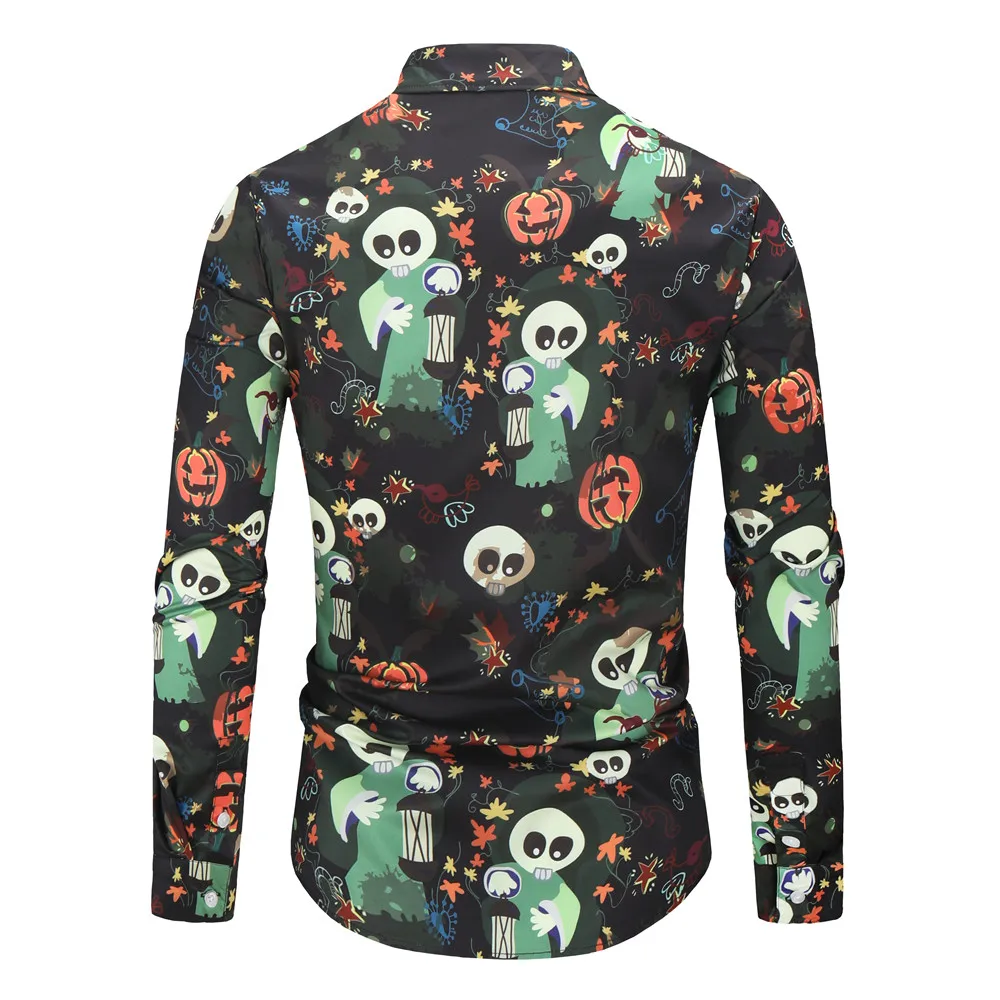 Мужская рубашка на пуговицах с длинным рукавом, вечерние рубашки с принтом черепа на Хэллоуин, Мужская Уличная одежда, повседневная Облегающая рубашка
