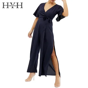 

HYH Haoyihui Femme Summer Contracted Sexy V Collar Bow Tie Waist Belt Slit Short Sleeve Connecting Co Wide-legged Pants