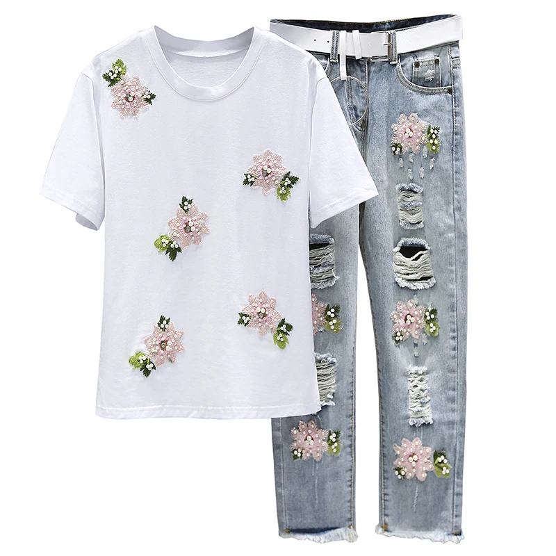 2020 New Summer 2 Piece Set Women Heavy Work Embroidery Flower Tshirts + Hole Jeans 2pcs Clothes Sets Casual Suits Outfits AH164 |