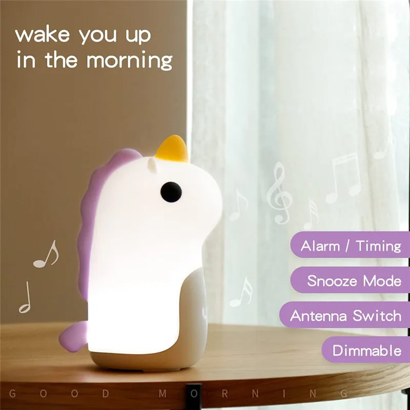 Smart Unicorn Alarm Clock Night Light Silicone Cute Multifunctional Touch Bedroom Bedside USB