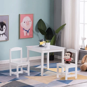 

[60 x 60 x 52]cm MDF Simple Children's Table and Chair Set of 3 1 Table 2 Chairs White US in Stock dropshipping
