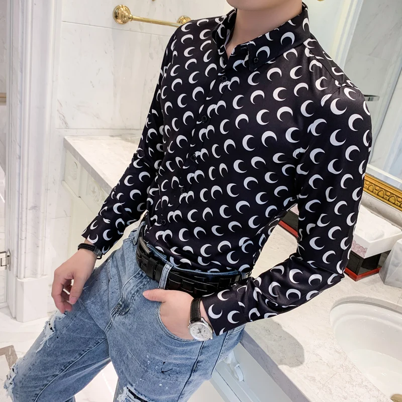 Английская Луна печать с длинным рукавом рубашка мужская повседневная приталенная формальная одежда рубашки ночной клуб уличная одежда Camisa Masculina