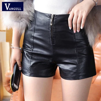 

Vangull Spring New Black PU shorts A-line High waist Hidden zipper Base shorts Slim Casual Simple Office lady Basic Boot shorts
