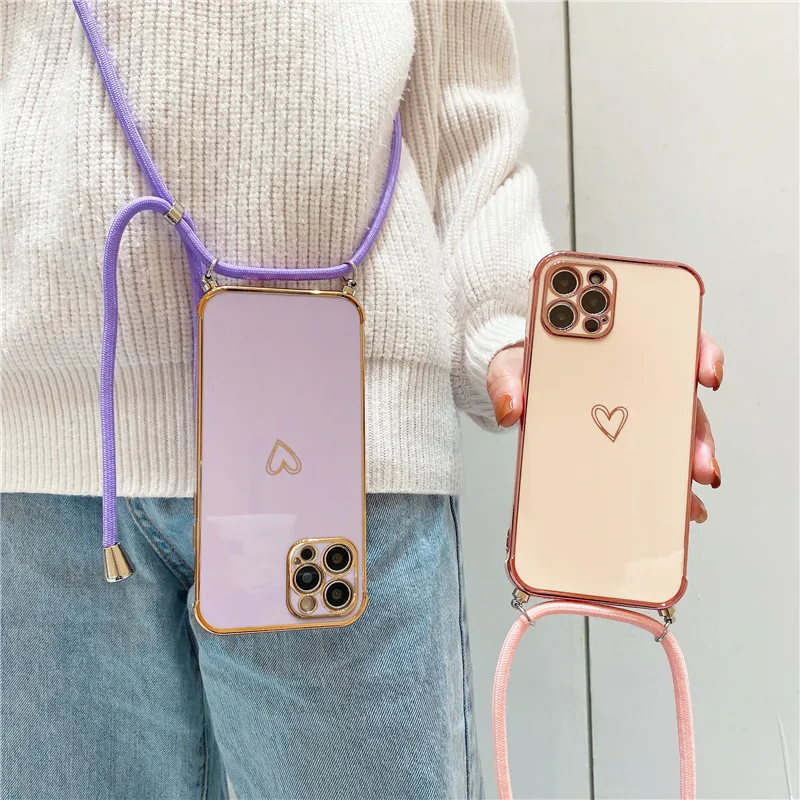 iphone 12 cover case Cute Electroplated Love Heart Lanyard Case For iPhone 11 12 13 Pro Max XS XR X 7 8 Plus Mini SE 2 Cord Rope Necklace Strap Cover apple iphone 12 case