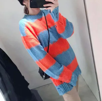 Женский свободный полосатый свитер, Женский пуловер, свитера в стиле пэчворк, открытая трикотажная одежда для женщин