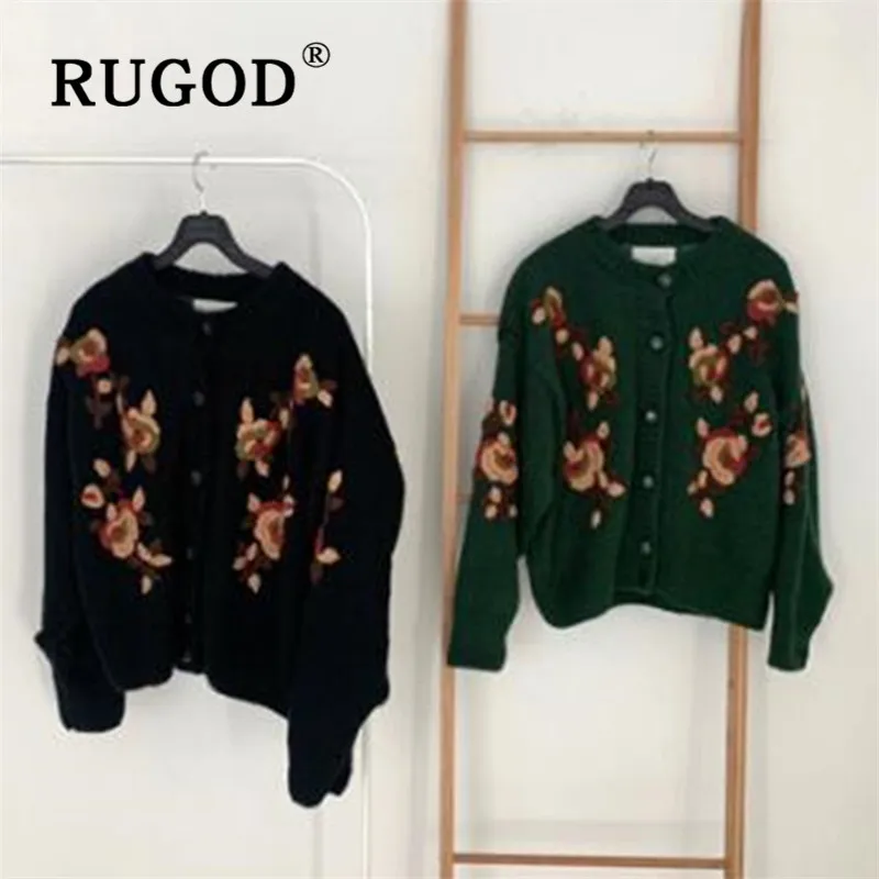 RUGOD, Осень-зима, стиль, шикарная Цветочная вышивка, винтажный кардиган, однобортный свитер, мода, Kpop одежда