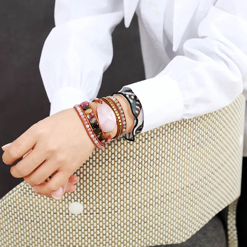 Native Inspired Beads Leather Bracelet Tourmaline Pink Quartz 5 Strands Woven Wrap Bracelets Bohemian Bracelet Dropship - Image 2