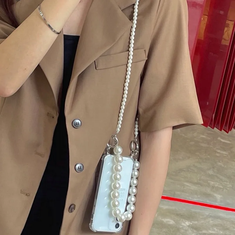 Elegant Pearl Strap Crossbody Lanyard Phone Case with Soft Cover and Bracelet Necklace
