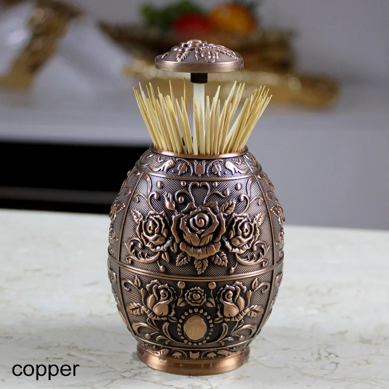 copper Европейский стиль держатель зубочистки винтажный Автоматический Диспенсер Для Зубочисток контейнер для зубочисток Металлическая Декоративная скатерть из цинкового сплава - Цвет: copper