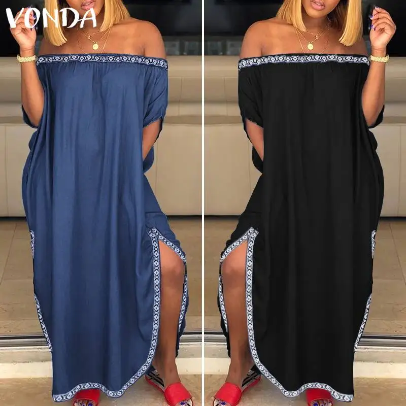 Летнее платье для беременных VONDA, сексуальные платья с открытыми плечами и разрезом, богемные платья, свободные вечерние платья, женское S-5XL
