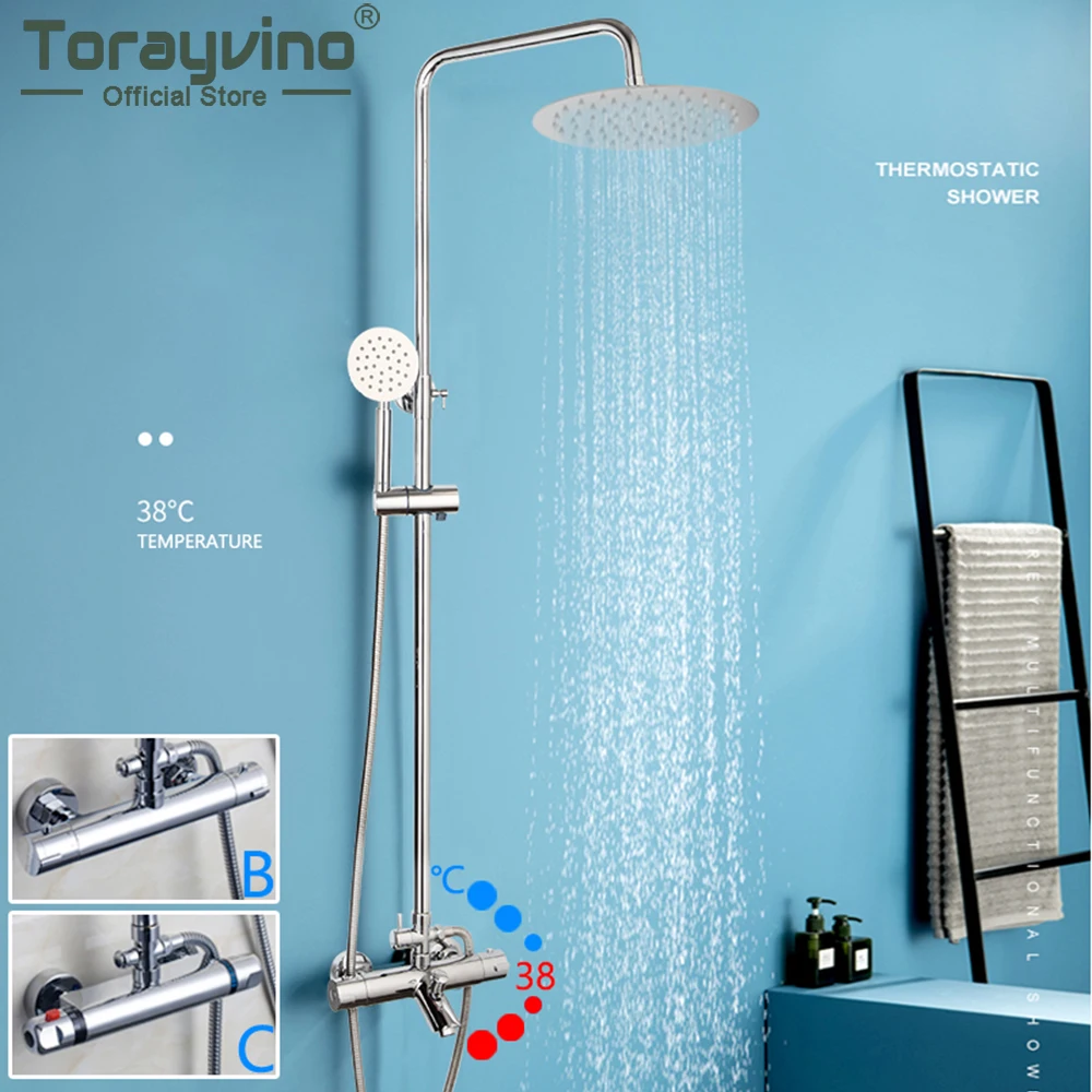 

Torayvino Thermostatic Chrome Polished Bathroom Shower Faucet Set Wall Mount Mixer Water Taps Bathtub Rainfall Shower Combo Kit
