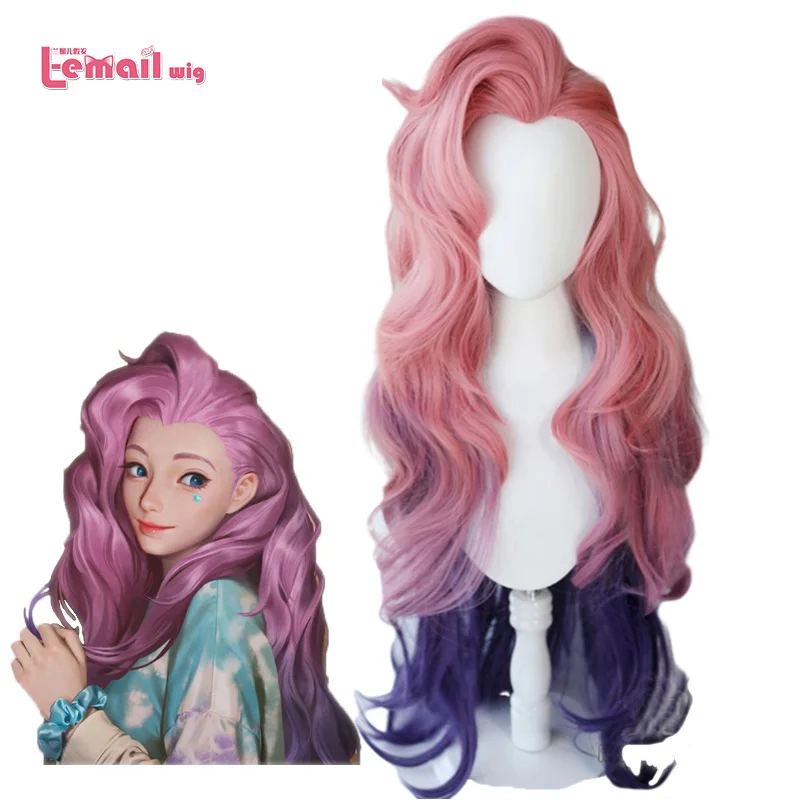 L-Email Wig Lol Seraphine Cosplay Pink Hair-Game Wave Heat-Resistant Straight Loose Synthetic