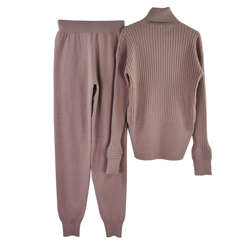 MVGIRLRU autumn winter Woman casual turtleneck solid color knitted pullover sweater and pocket pants two piece set