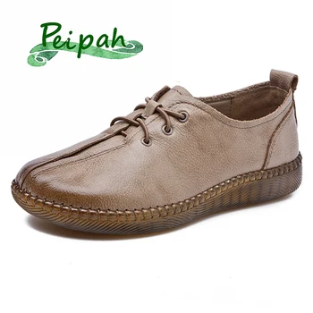 

PEIPAH Retro Hand-Sewing Shoes Women Flats Genuine Leather Soft Bottom Shoes Woman Soft Casual Flats Female Lace-Up Loafers Plus