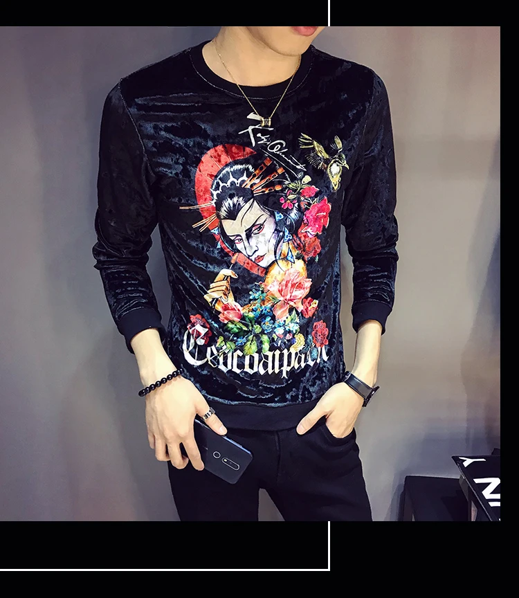Дизайнерская футболка с принтом Homme Club Outfit, Мужская облегающая бархатная футболка с длинным рукавом и круглым вырезом, осень, роскошная мужская Велюровая футболка