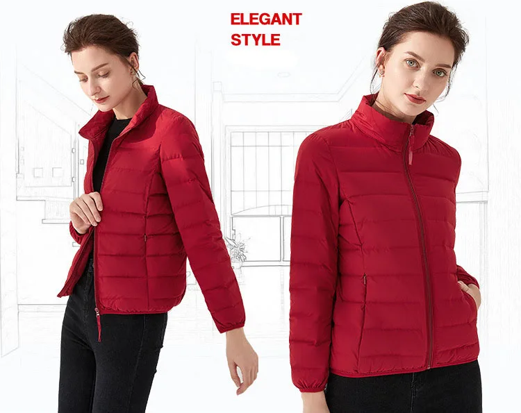 Fall Winter Women Warm Jacket Duck Down Filler Fashion Female Bomber Short Coat Slim Cropped Jacket Stand Collar Grey Black