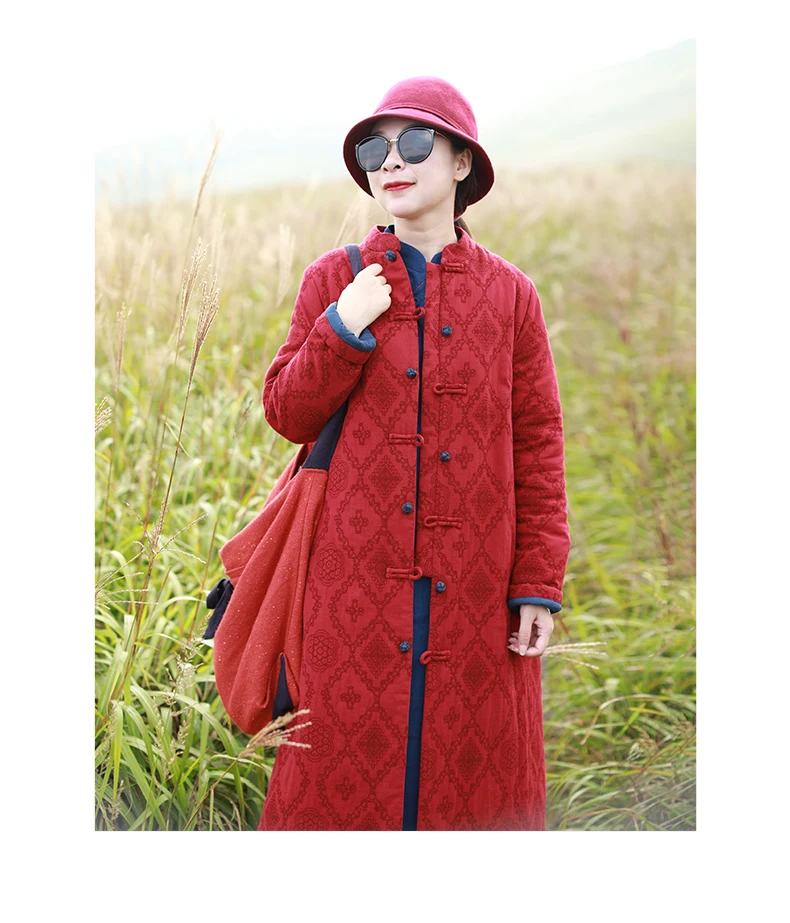 LZJN 2019 Winter Jacket Women Stand Collar Quilted Overcoat Long Chinese Parka Jacquard Autumn Coat Pocket Winterjas  (9)