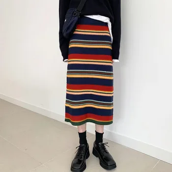 

Ins Rainbow Striped Knitted Skirt High Waist Hip Straight Autumn Winter Outwear Jupe Femme 2020 Faldas Mujer Moda