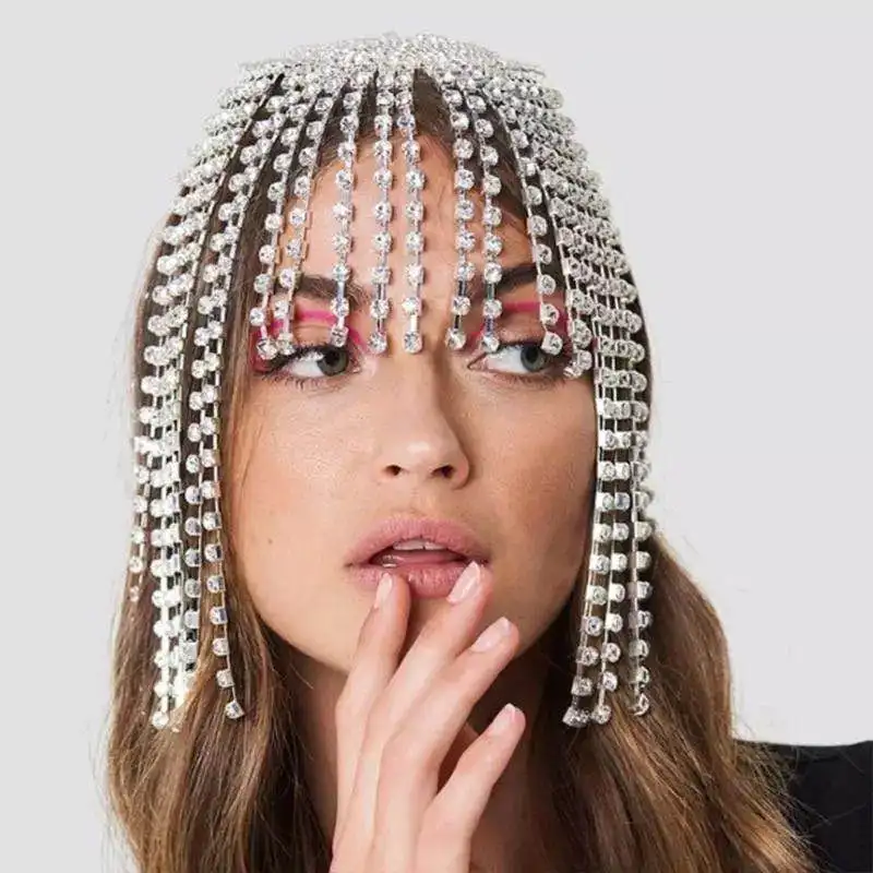 

Fashion and trendy Bling Rhinestone headdress for women jewelry luxury all crystal tassel headband long chain headdress