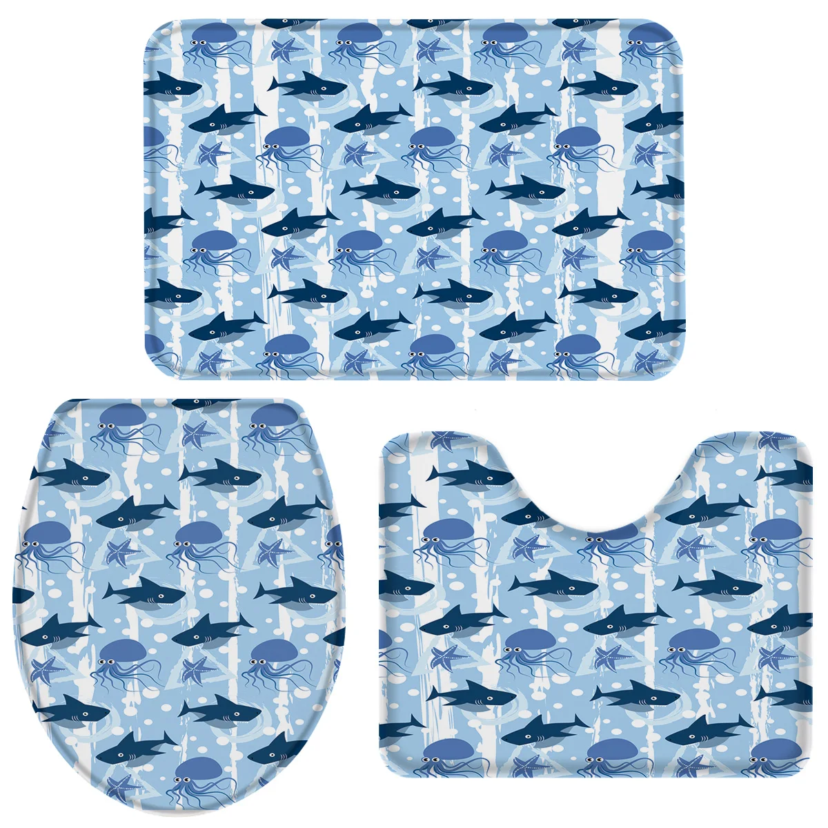3 Pieces Bathroom Set Shark Octopus Starfish Bath Set Toilet Cover Mat Pedestal Rug Non-Slip Bathroom Rug Set