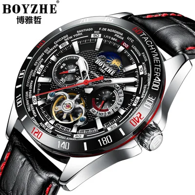 

Boyzhe Top Luxury Brand Men's Watch Fashion Leather Men's Automatic Mechanical Watch Casual Business Waterproof Tourbillon Clock