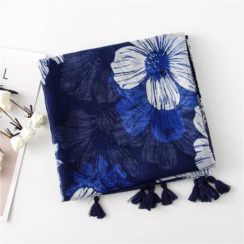 

2020 Blue winter scarf women accesorios mujer female elegant long blue floral tassels scarf bufandas invierno mujer