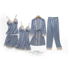 Женские пижамы, 5 шт., атласная пижама, шелковая Домашняя одежда, домашняя одежда, вышивка, Пижама для сна, для отдыха, пижама с нагрудными накладками