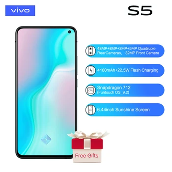 Перейти на Алиэкспресс и купить Оригинальный Новый vivo S5 4100 мАч большой аккумулятор 22,5 Вт Быстрая зарядка Snapdragon 712Celular 48MP Quad задние камеры 6,44 ''лицо ID сотовый телефон