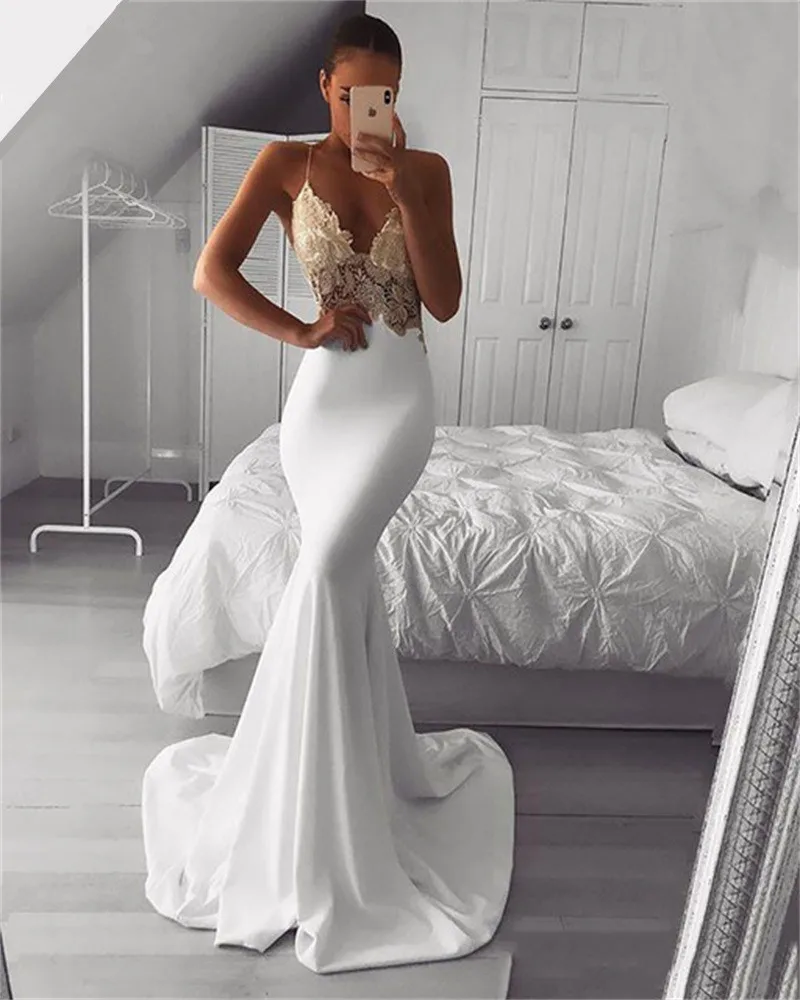 

Mermaid Wedding Dress 2020 V-neck Vintage Soft Satin Vestidos de novia Lace Spaghetti Strap Bridal Dresses Wedding Gowns
