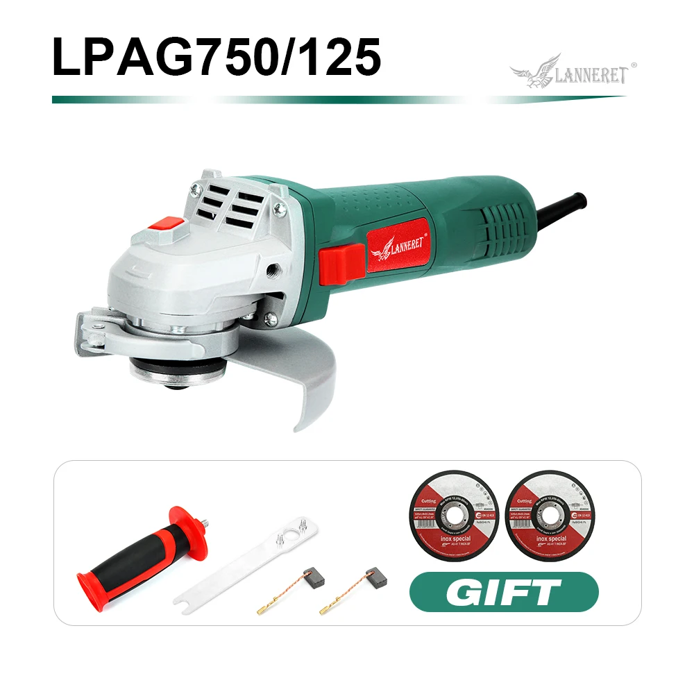 750W Green LANNERET электрическая угловая шлифовальная машина 750 Вт/1050 Вт 125 мм дисковая боковая защита без инструментов для резки шлифовки металла или камня - Цвет: 750W Green