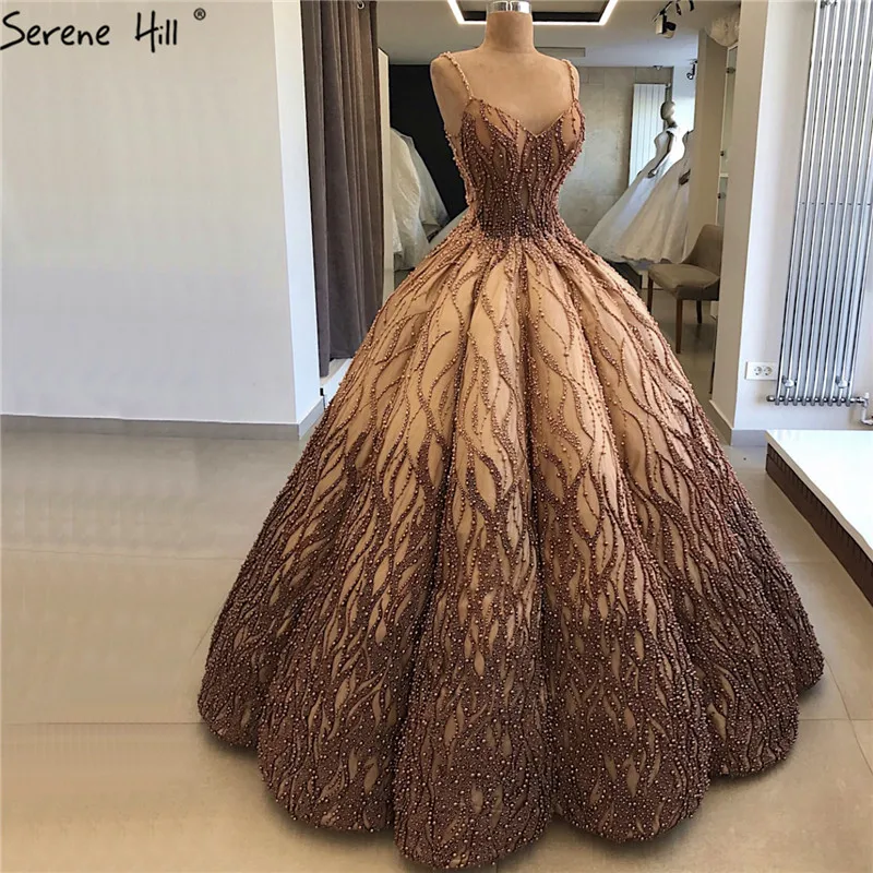 Gold Brown Dubai Design Sexy Wedding Dress 2021 Sleeveless Pearls