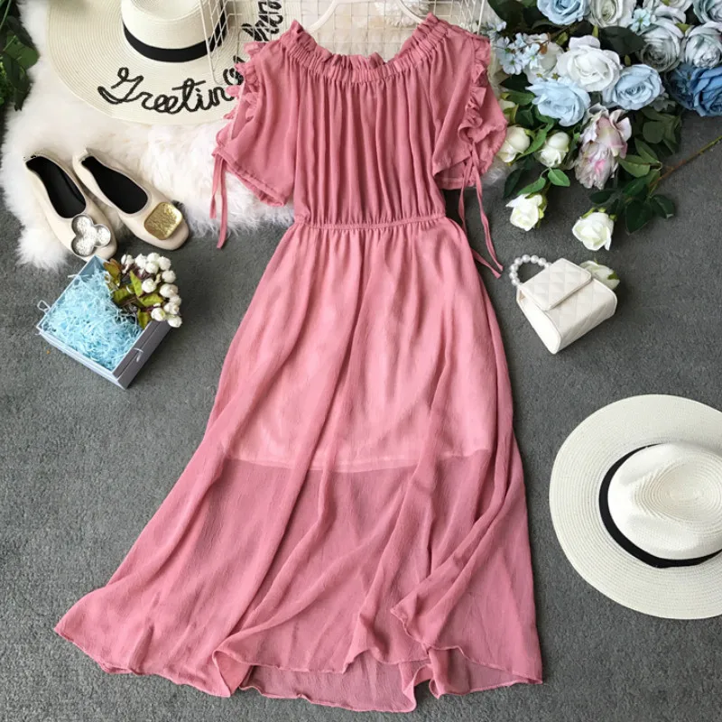 pink Neploe, шифоновое женское платье, лето, новинка, с вырезом лодочкой, с расклешенными рукавами, Vestidos, корейский стиль, высокая талия, с оборками, а-силуэт, платья, 44322 - Цвет: pink