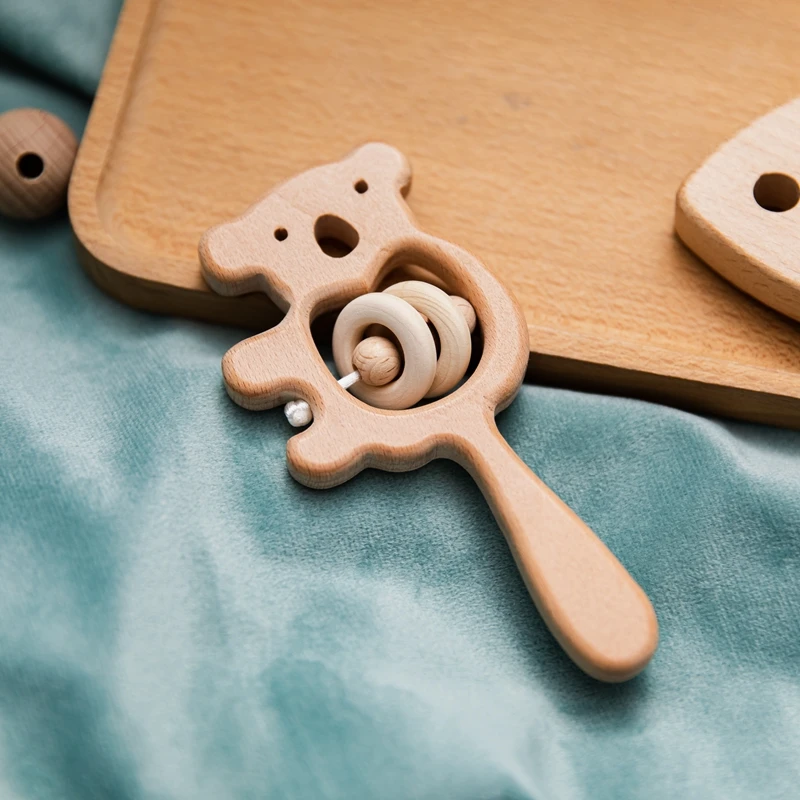 Baby Wooden Rattle Beech Bear Hand Teething Wooden Ring Baby Rattles Play Gym Montessori Stroller Toy Educational Toys for Kid