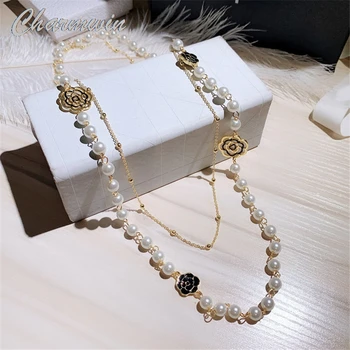 

New Long Necklaces For Womem Sweater Necklaces Fashion Jewelry Classic Imitation Pearls Two Layers Camellia Sweater Necklace