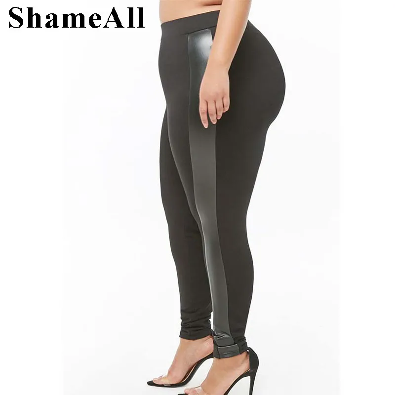 

Plus Size Side Stripe Elasticity Leggings Pu Patchwork 4XL 5XL Spring Summer Slimming Fitness Black Legging Pants For Women