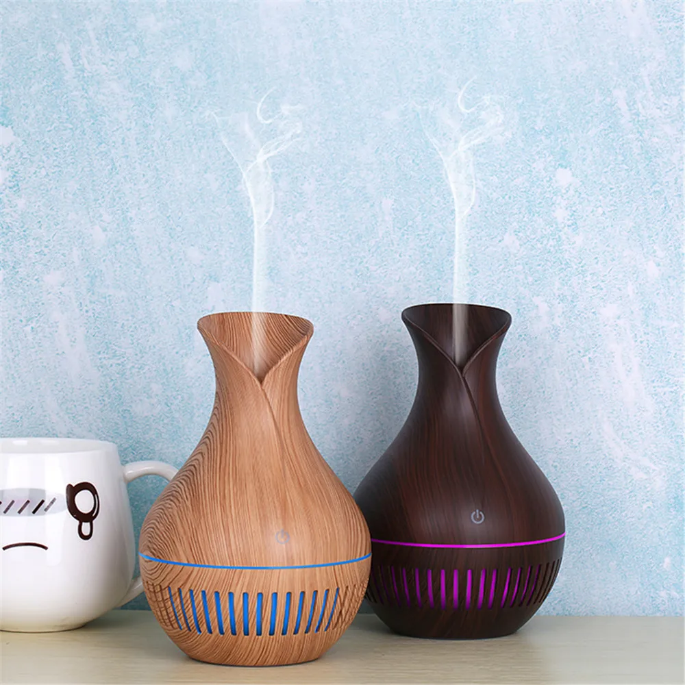 

130ml new vase air humidifier, hollow wood grain aromatherapy essential oil diffuser, 7-color LED light, suitable for office