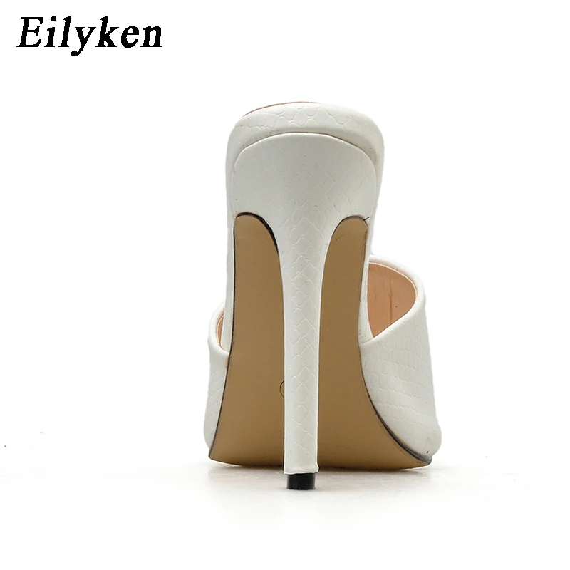 Eilyken г. Новые летние женские кожаные тапочки сандалии с квадратным носком, змеиная кожа модные туфли без задника на высоком каблуке размер 35-42