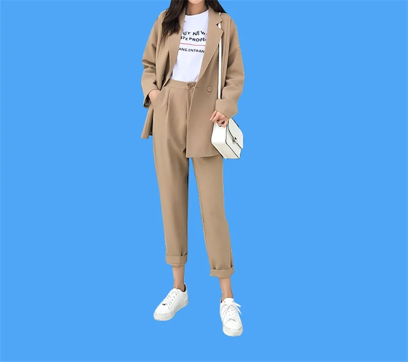

Casual Solid Women Pant Suits Notched Collar Blazer Jacket & Pencil Pant Khaki Female Suit Autumn high quality