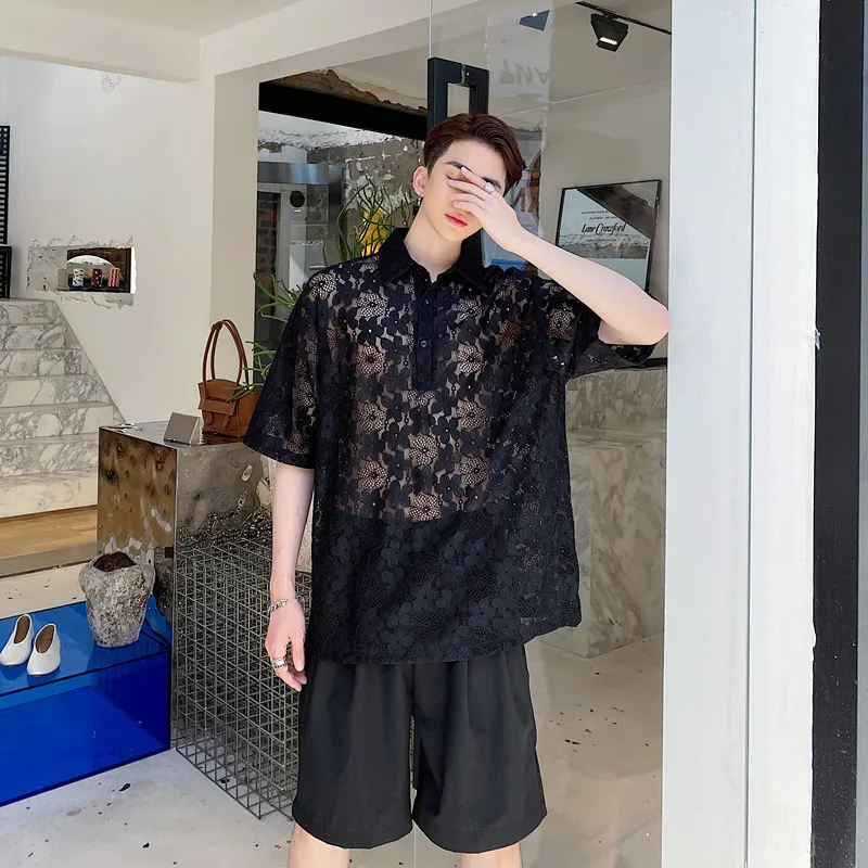 

Transparente Dresses Large Sizes Lace See Through Black Sexy Dress For Big Breasts Flowers Hollow Overshirt Mens Party Shirts