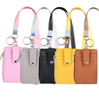 

Fashion PU Leather Credit ID Bus Card Holder with 5-Slot 1-Pocket Detachable Lanyard for Men Women Boys Girls Students