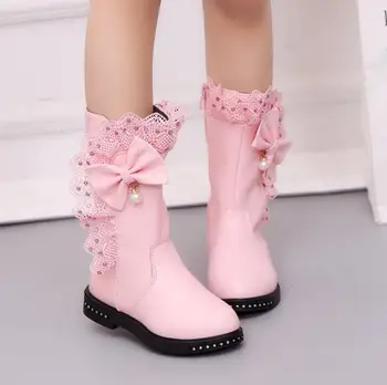 

Children'S Winter Boots for Girls Rhinestone Flower Fashion Plush Long Boots Princess Flats Dress Shoes Snow Martin Boots