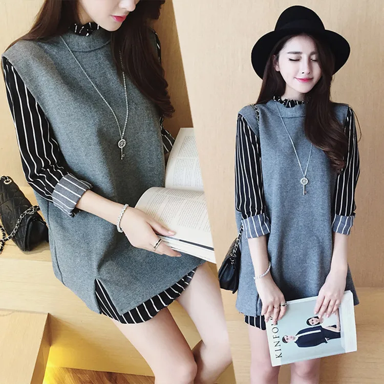 

Large Size Autumn And Winter WOMEN'S Dress Medium-length Woolen Striped Shirt Loose-Fit Joint Slit Fake Two-Piece Dress Blouses